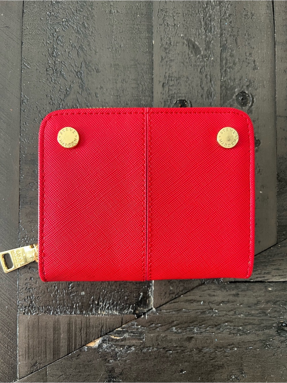 Steve Madden Red Zip Card Holder with Gold Accents